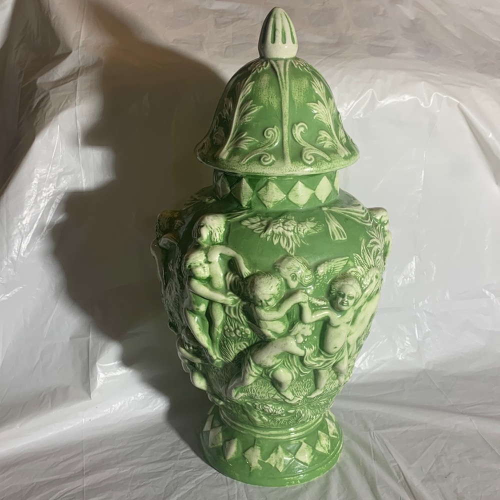 Vintage Green Ceramic Cherub Vase Dated 1973 15 inches tall
